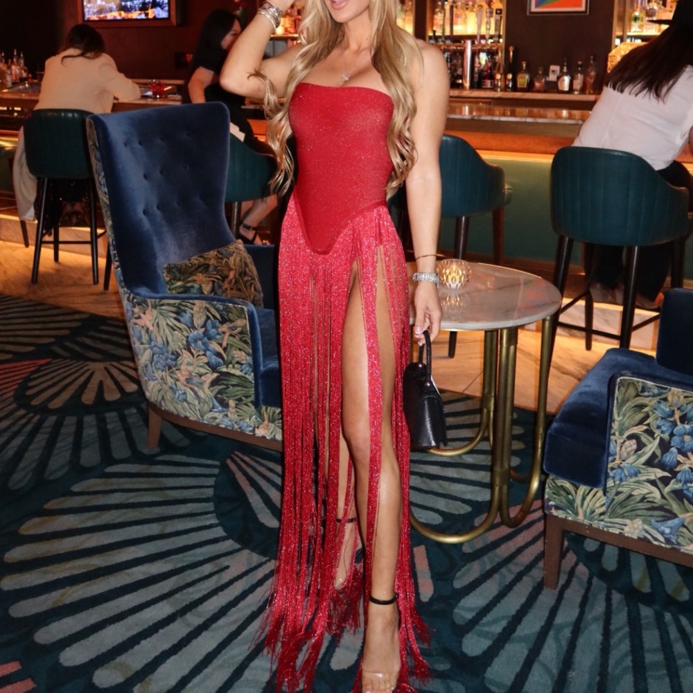 Strapless Red Fringe Evening Dress